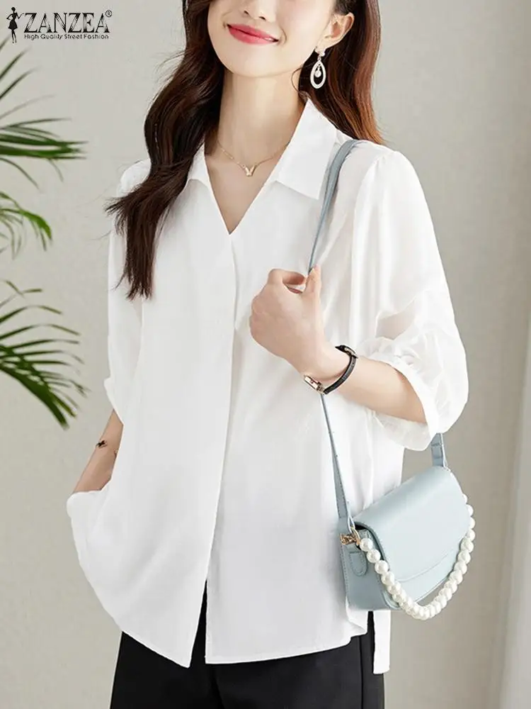 

ZANZEA White Tops Summer Women Chiffon Blouse Casual V Neck Half Sleeve Shirt Elegant Work OL Work Blusas Femme Holiday Mujer