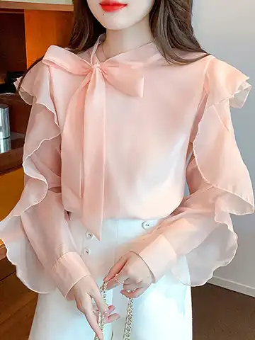 Blouses for Women Fashion 2023 Long Sleeve Blouse Women Bow Collar ruffles Chiffon Blouse Shirt Women Tops Blouses Shirts G233