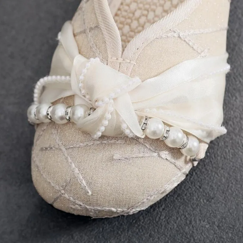 Women Cotton Fabric Summer Slipper with Butterfly-knot Ladies Fashion Pearl Mules Hemp Insole Flat Heeled Sweet Slides