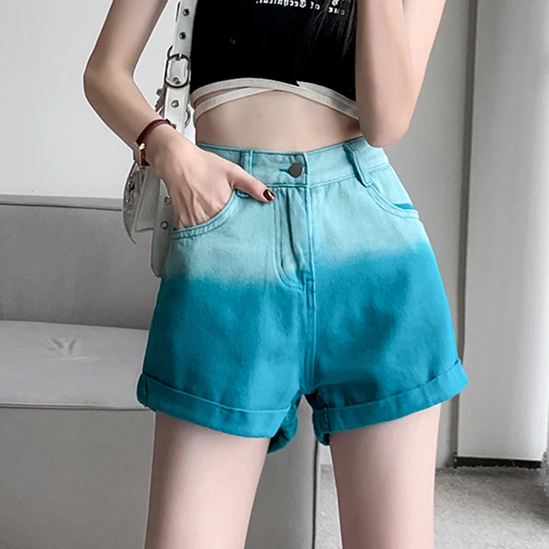 

Gidyq High Waist Denim Shorts Women Korean Fashion Gradient Loose Shorts Summer Casual Female Streetwear Wide Leg Pants New