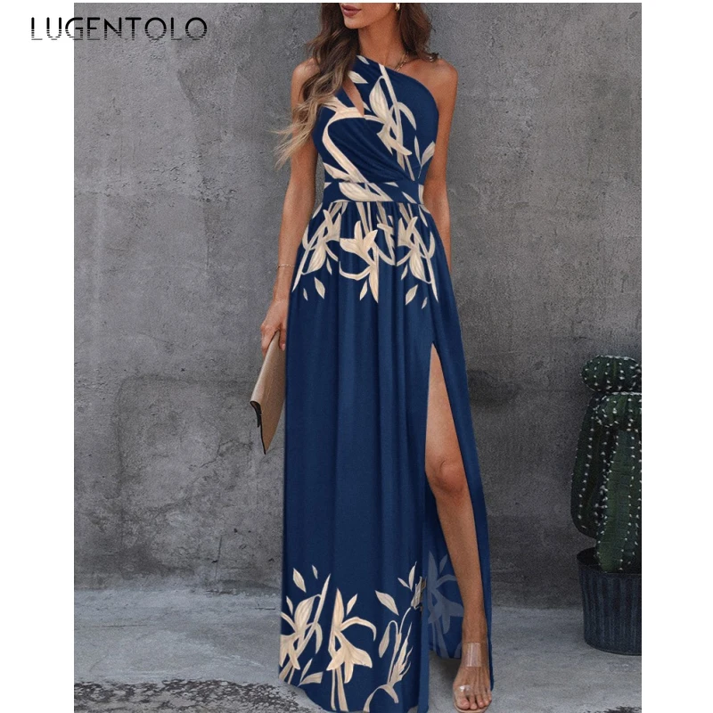 

Women Sexy Dress One-Shoulder Hollow Solid Color Halter Lady Summer Diagonal Collar High Waist Slit Big Swing Maxi Dress