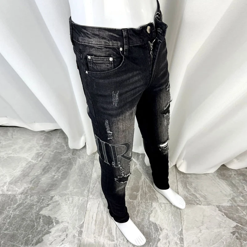Street Fashion Men Jeans Retro Black Gray Stretch Elastic Slim Fit Ripped Jeans Men Patch Designer Hip Hop Brand Pants Hombre