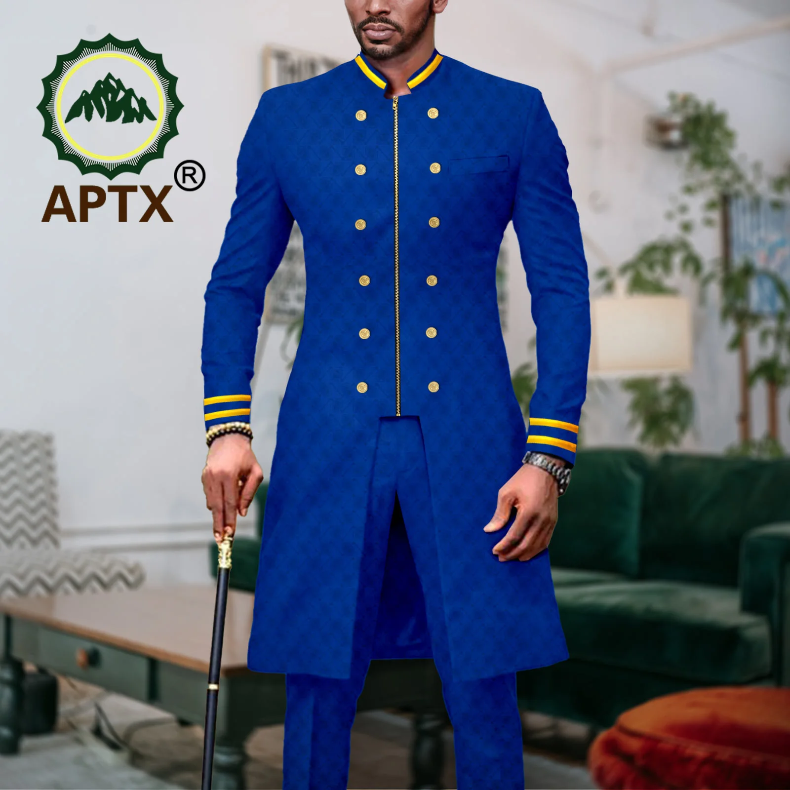 African Men Suit Slim Fit Outfits Dashiki Jacket Coat Pants 2 Pieces Set Traditional Wedding Wear Bazin Riche Attire A2316063