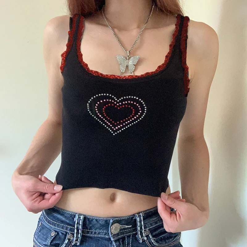 

Sunny y.j. Vintage Rhinestone Top Black Heart Lace Trim Tank Tops Women Black Y2K Aesthetic Cute Crop Top Harajuku Casual Grunge
