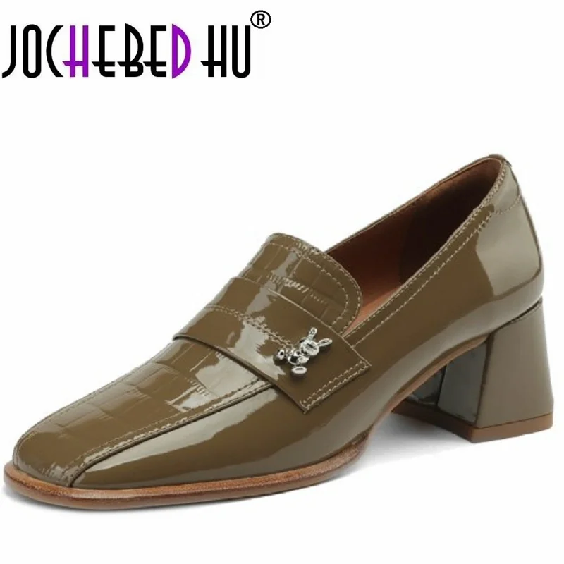 【JOCHEBED HU】Fall Shoes Genuine Leather Woman Shoes Square Toe Chunky Heel Shoes Slip-On Pumps Solid High Heels Classics Ladies