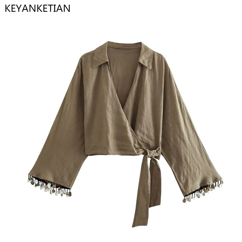 

KEYANKETIAN Spring Autumn New Beaded Tassel Decoration Linen Lace-Up Shirt Bohemian Style Women Long-Sleeved Short Top