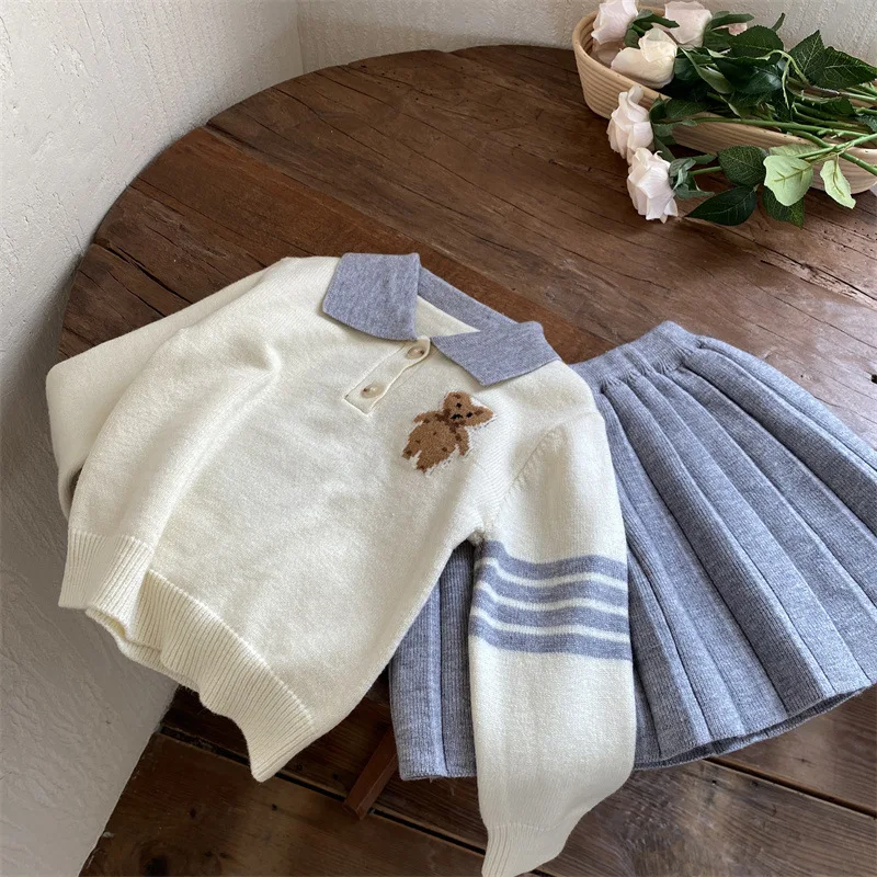 2022 Autumn Toddler Girls Cartoon Bear Sweater + Skirt 2 Pcs Set Spring Baby Girls Brand Pullovers Kids College Style Clothes