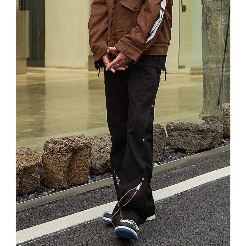 Streetwear Men Side Buttoned Zippered Tooling Black Jeans New Style Trend Loose Temperament Versatile Casual Pants Autumn Female