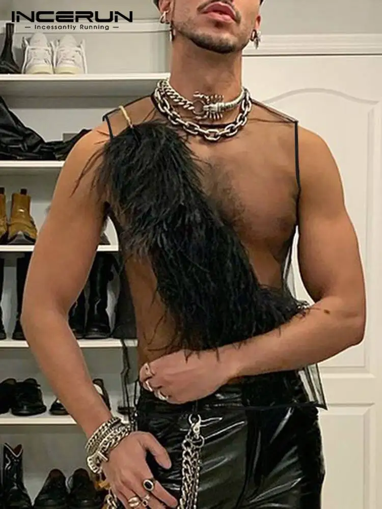 

American Style Men's Sexy Leisure Feather See-throuhgh Waistcoat INCERUN Tops 2022 Party Shows Stitching Sleeveless Vests S-5XL