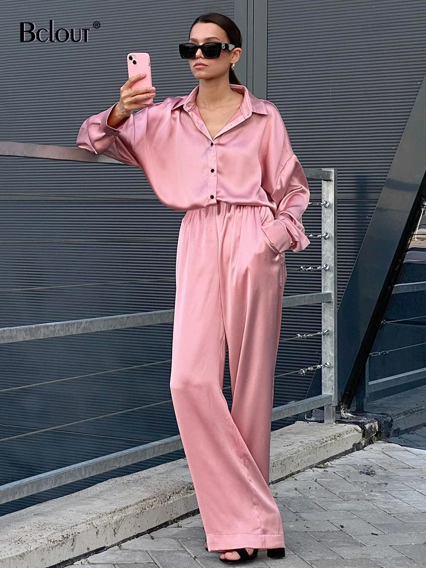 

Bclout Autumn Pink Satin Pants Suits Woman 2022 Fashion Shirts Sleeve Loose Tops Elegant High Waist Pants 2 Pieces Sets Outfits