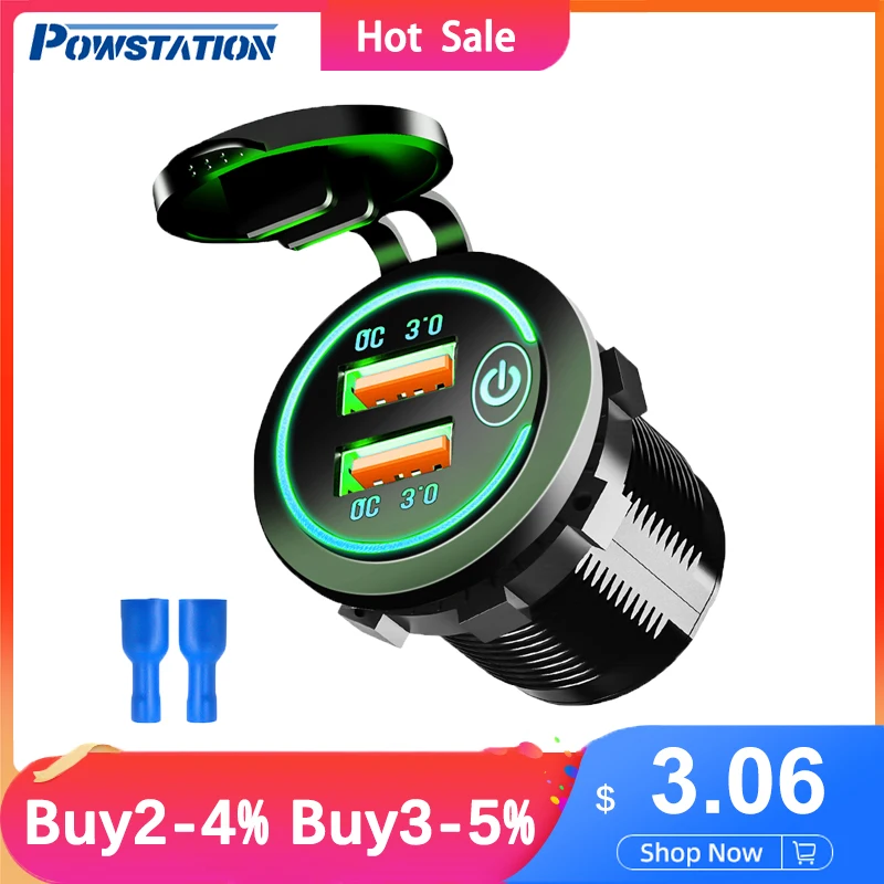 Портативная зарядка для автомобиля Powstation USB Cigar Car Charger Quick Charge 3.0 Dual USB Socket 24V Fast Touch Switch Electronic Lighter on.