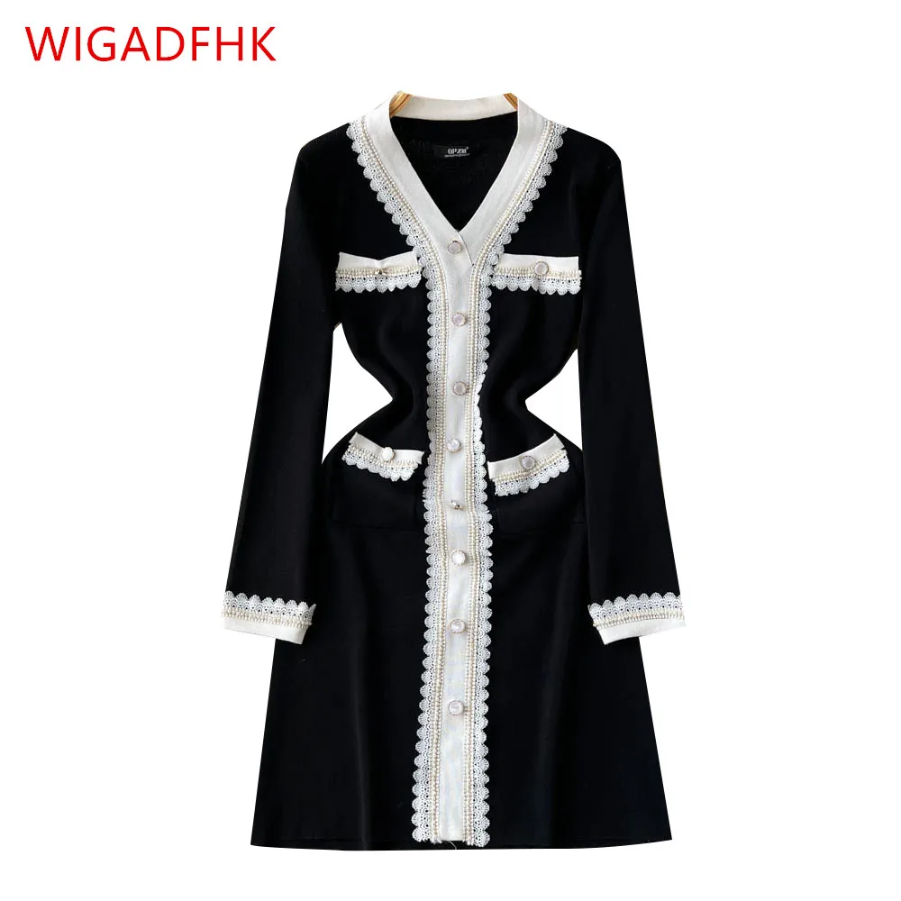 

Women's Dress Retro Contrast Color Elegant New V-neck Long Sleeve Single Breasted Slim Fashion Knit Dress 2022 Autumn/Winter