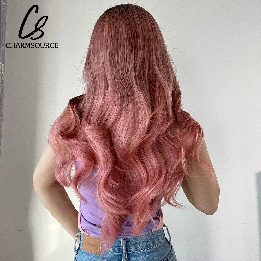 Ombre Brown to Pink Dark Roots Synthetic Wigs Long Natural Wavy Wig Middle Part Hair For Women Cosplay Party Use Fiber Hair