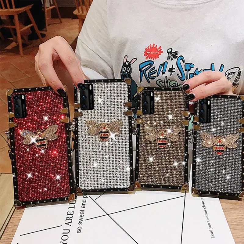 

Luxury Glitter Diamond Bee Phone Case For iPhone 11 12 13 14 Pro Max X XS XR 7 8 Plus SE2020 Crossbody Lanyard Square Cover