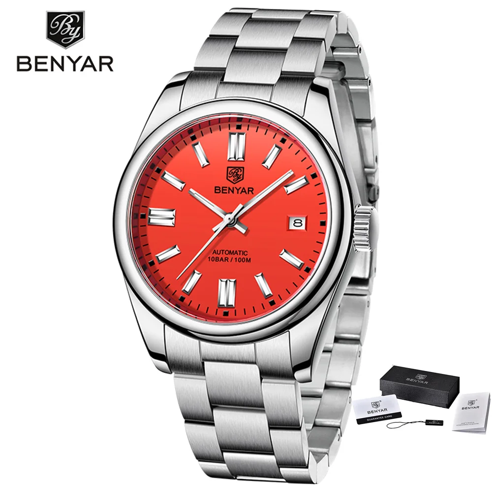 

BENYAR Top Brand Watch Men's Automatic Mechanical Watch Stainless Steel Waterproof Clock Red dial Men's Watch Relogio Masculino
