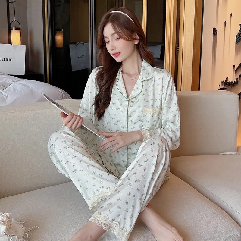 Women's Pajamas Spring New Ice Silk Long Sleeve Cardigan Suit Summer Large Size Xiaolanhua Homewear
