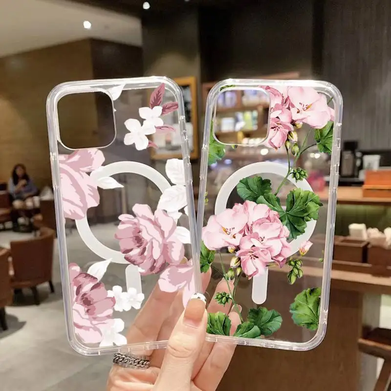 

blooming flower Phone Case For iPhone 13 12 11 Mini Pro Max transparent Super Magnetic MagSafe Cover