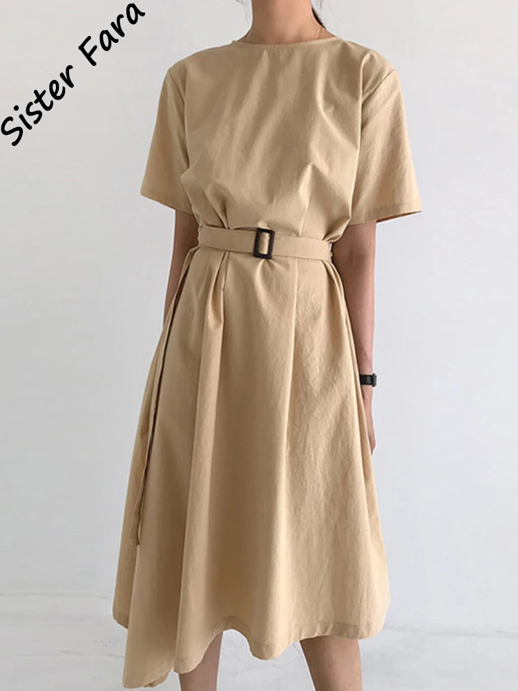 

Sister Fara O-Neck Irregular Elegant Dresses for Women's Summer High Waist Short Sleeve Lace Up Dress Female Pullover Mid Dress
