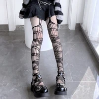 gothic black long sexy fishnet stockings for women harajuku lace mesh tights lingerie thigh high stockings over the knee socks