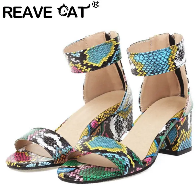 

REAVE CAT 2022 Fashion Women Sandals Peep Toe Chunky Heels Ankle Strap Zipper Snake Casual Big Size 34-48 Concise Summer S3685