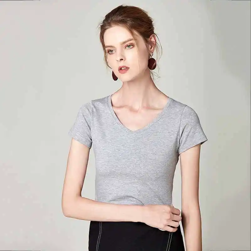 

2023 new women t shirt fashion V-neck t shirt women Cotton Casual Broadcloth