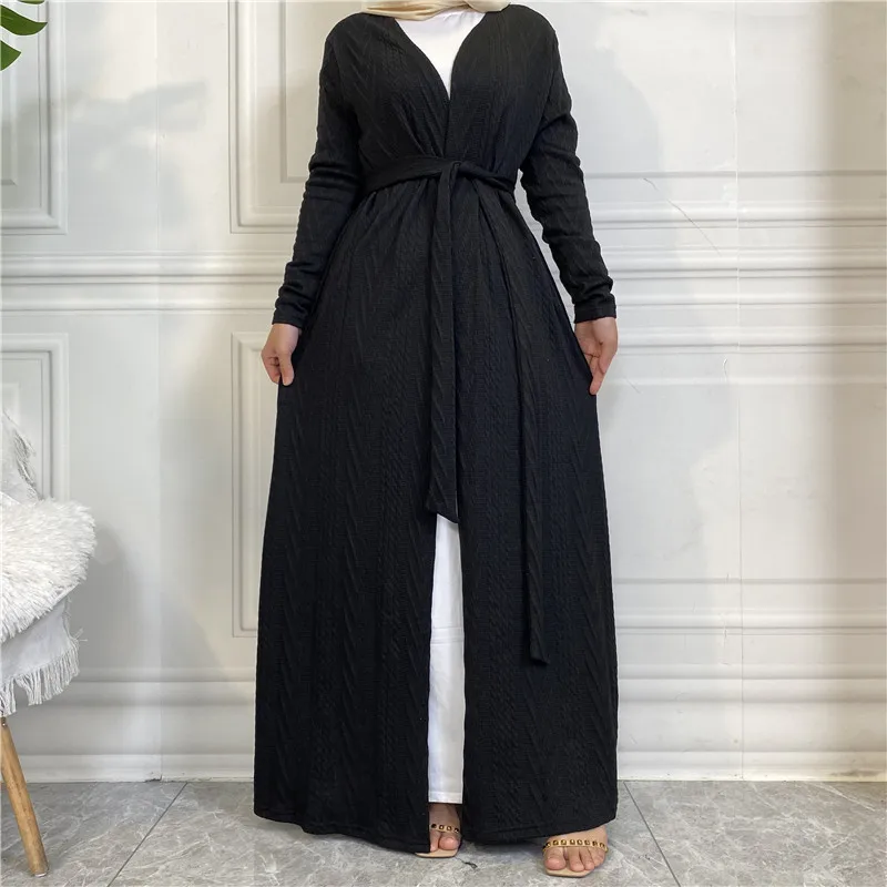 Autumn and Winter Knitting Muslim Cardigan with Pocket Long Coat Fashion Abaya Muslim Coat Jalabiya for Women Turkish Tunic