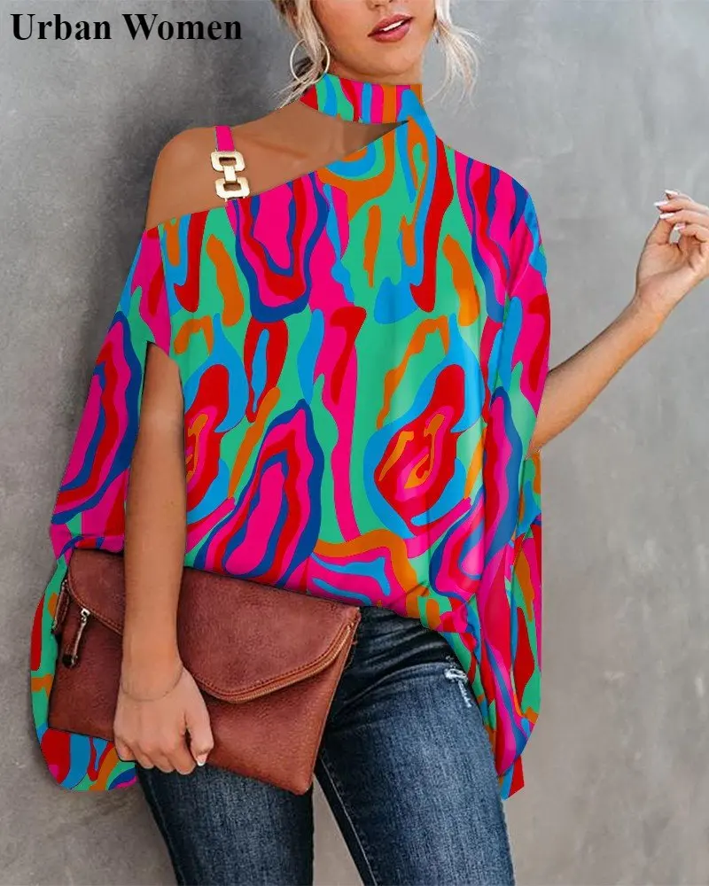 

Summer Fashion Halter Bat Sleeve Sleeves Chiffon Shirt Women Casual Loose Oblique Neck Printed Shirt Women