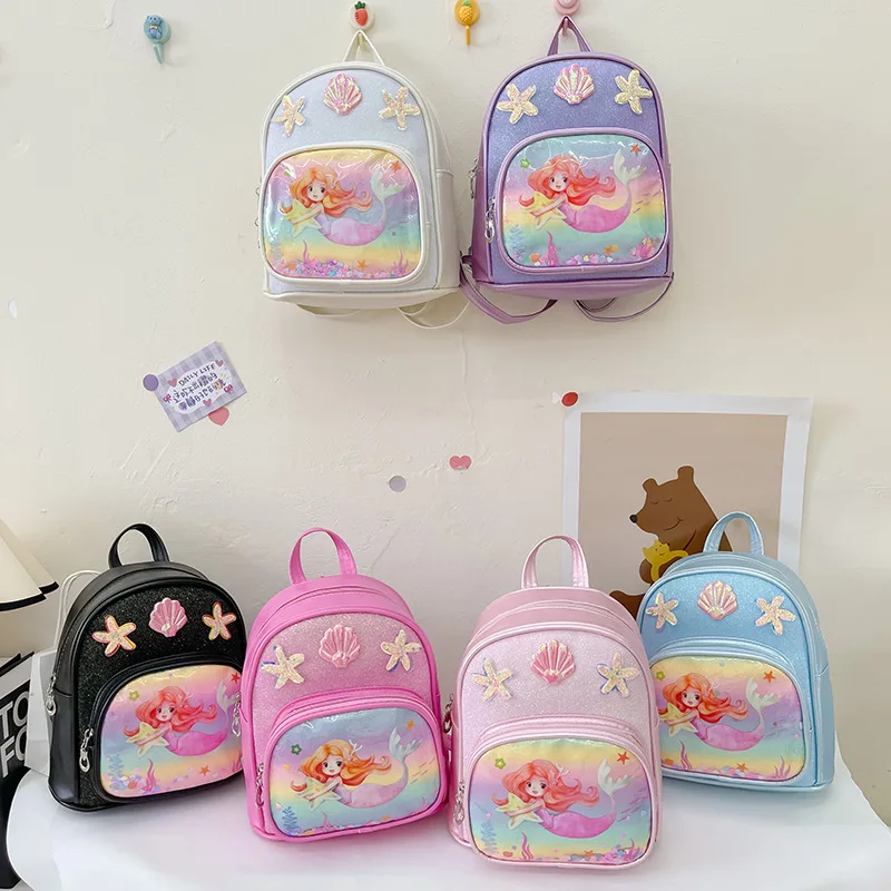 Children's Kindergarten Mini Schoolbag 4-6y Girls Cute Mermaid Shell Starfish Cartoon Princess Early Education PU Backpack New