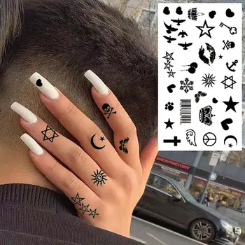 Waterproof Temporary Tattoo Sticker Female Body Makeup Flame Finger Tattoos Smiley Black Rose Butterfly Stars and Moon Stickers 1