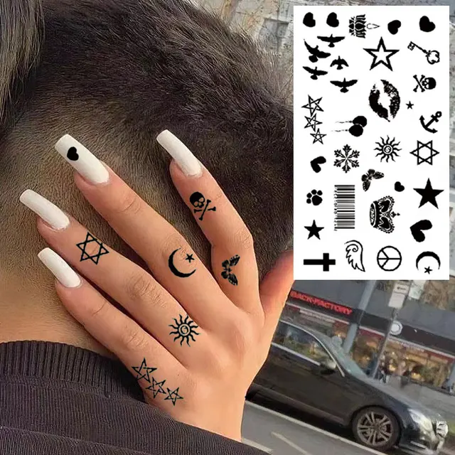 Waterproof Temporary Tattoo Sticker Female Body Makeup Flame Finger Tattoos Smiley Black Rose Butterfly Stars and Moon Stickers 1