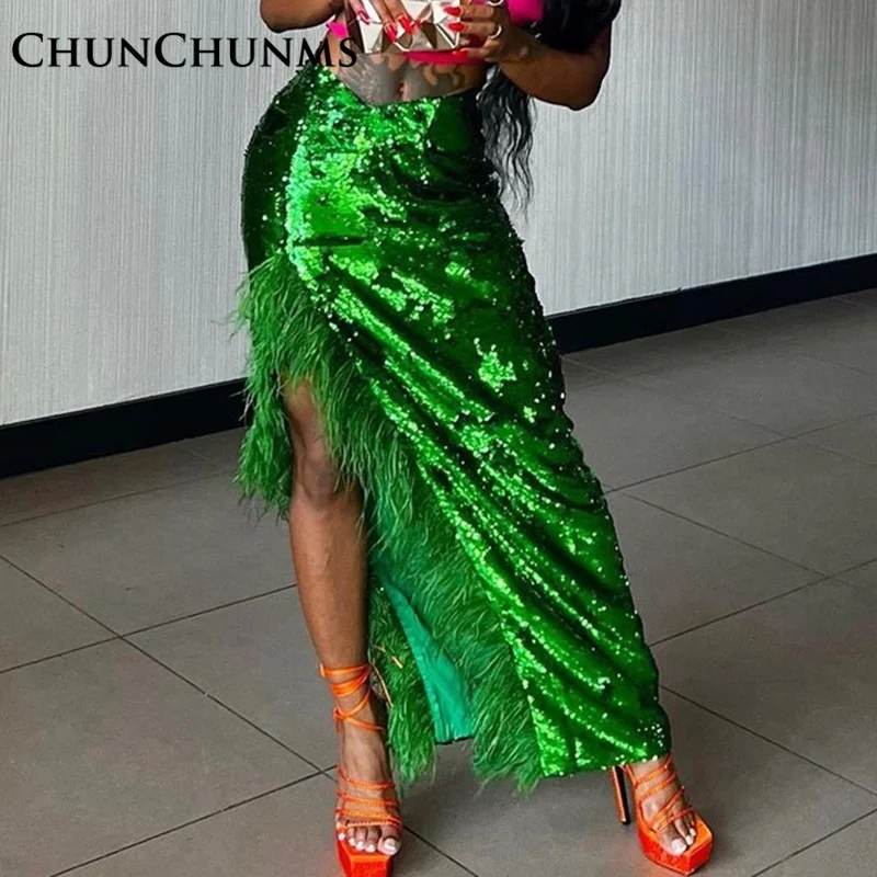

Elegant Feather Sequin Slit Long Skirt For Women Nightclub Party Personality Prom Dance Bust Dress Sexy Wedding Bride Outfits
