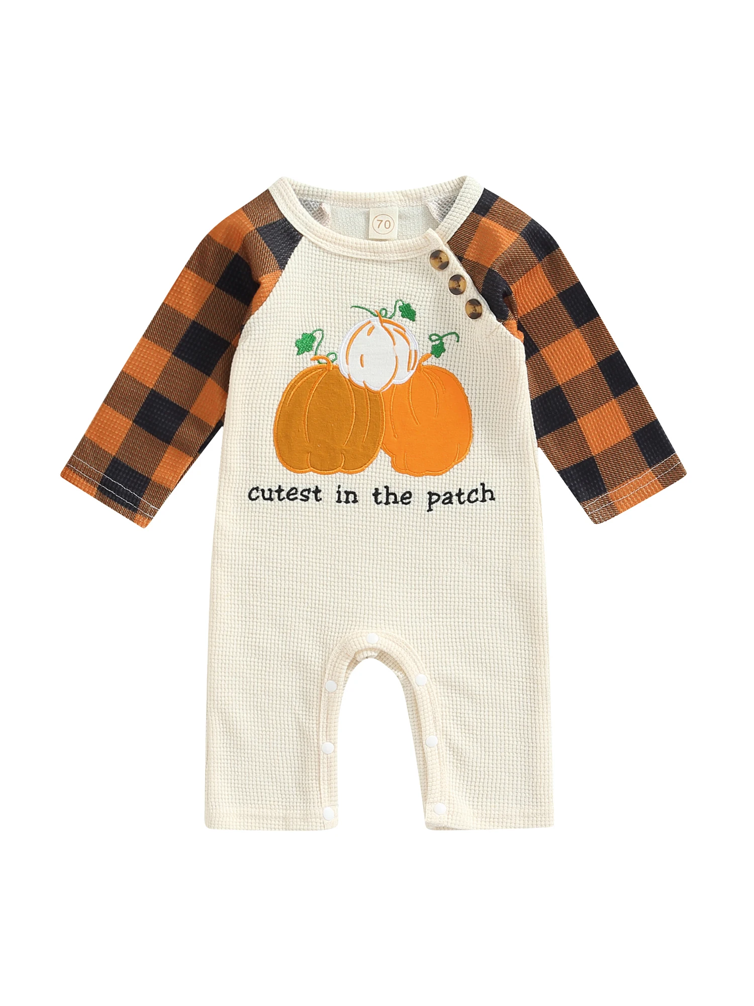 

Unisex Baby Girls Boys Halloween Outfits Long Sleeve Plaid Pumpkin Romper Jumpsuit Bodysuit Halloween Pajamas Costumes