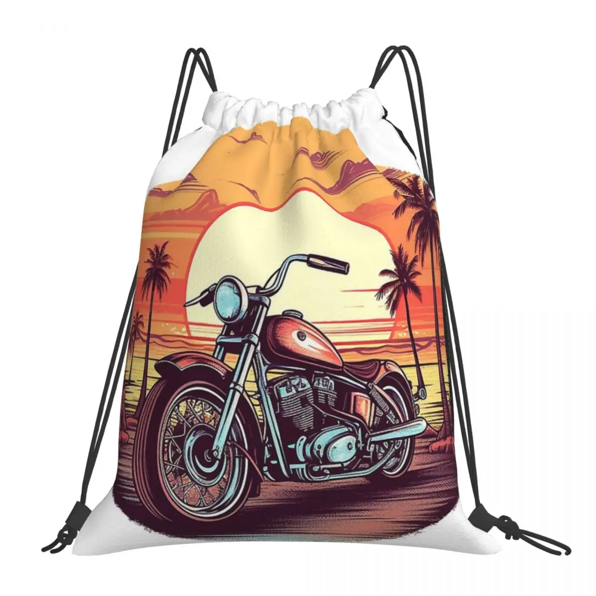 

Sunset With Motorcycle With Palm Trees Backpack Portable Drawstring Bag Drawstring Bundle Pocket Sport Bag BookBag For Man Woman