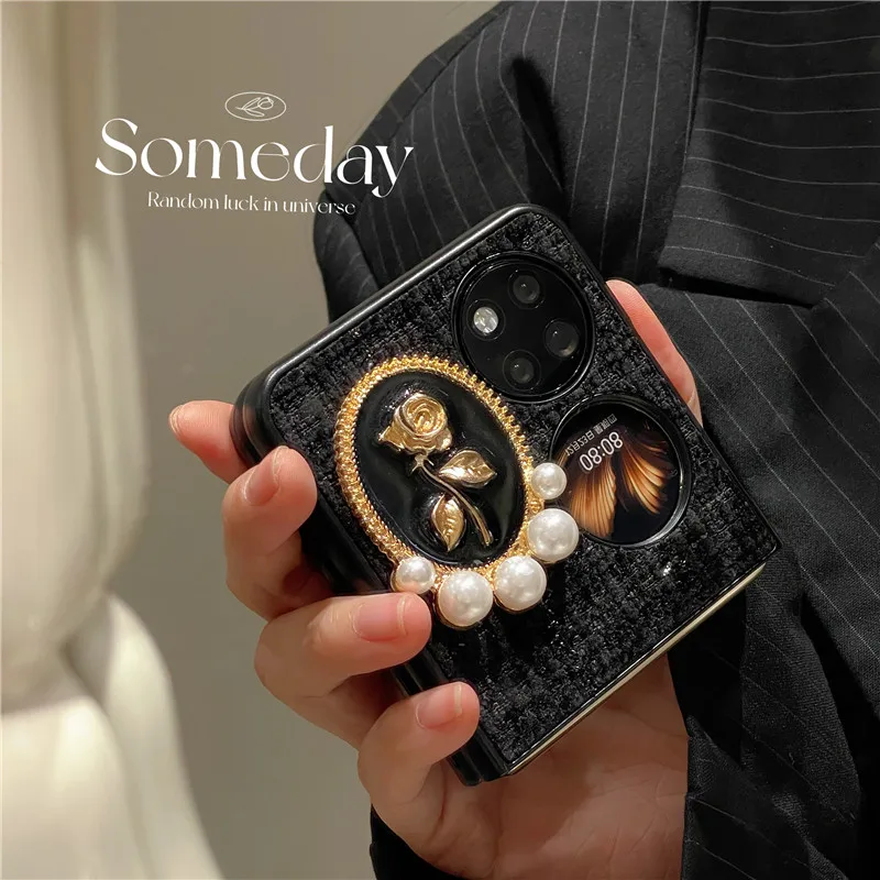 

Fashion Pearl Gold Rose Flower Thickened Phone Case For Huawei Pocket s P50 Pocke Black Cloth Full Protect Shockproof Hard Cover
