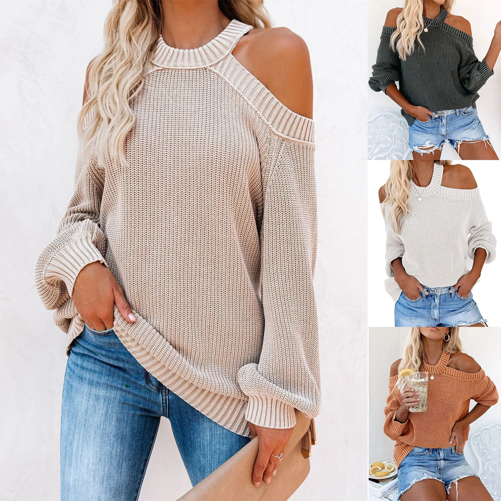 

Женский трикотажный пуловер с открытыми плечами, с круглым вырезом и длинными рукавами