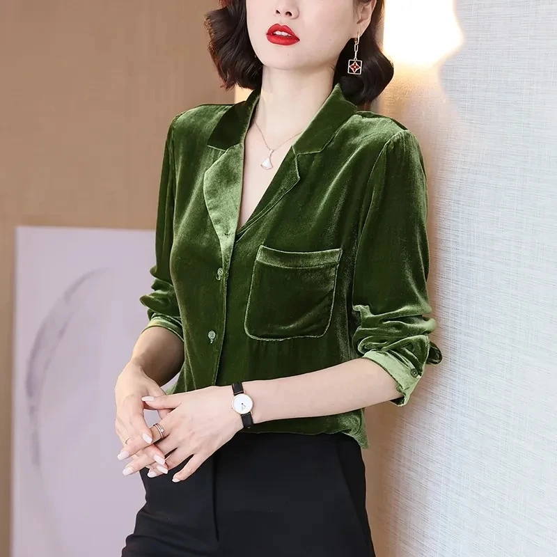 

Chic Velvet Design Vintage V-neck Casual Elegant Women's Long Sleeve T-Shirt Black Beautiful Blouse