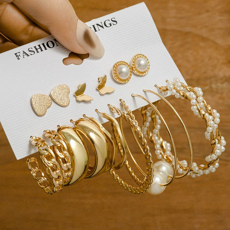 

Hot Selling Geometric Ring Chain Ring Earrings Women's Simple Butterfly Heart Shaped Small Earrings Set