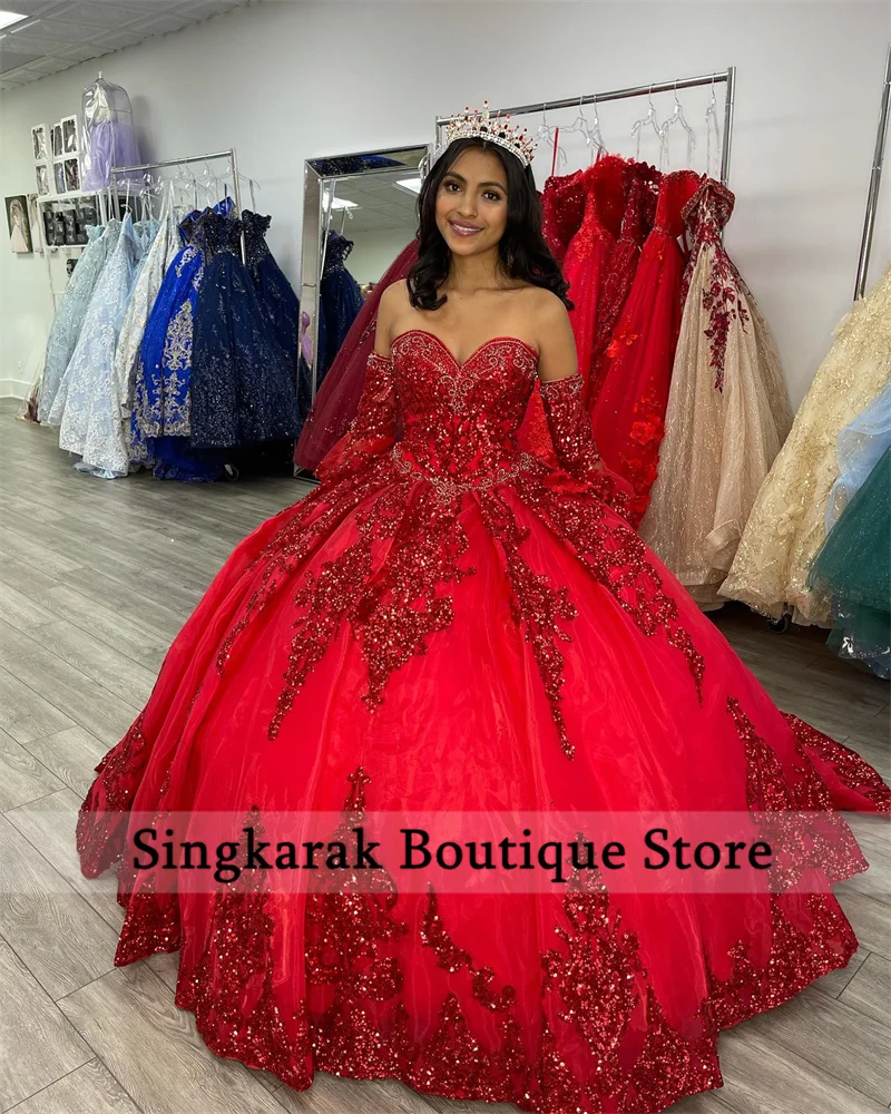 

Sparkly Red Princess Ball Gown Quinceanera Dresses With Cape Flowers Appliques Beading Sweet 16 Dress Vestidos De Quinceañera