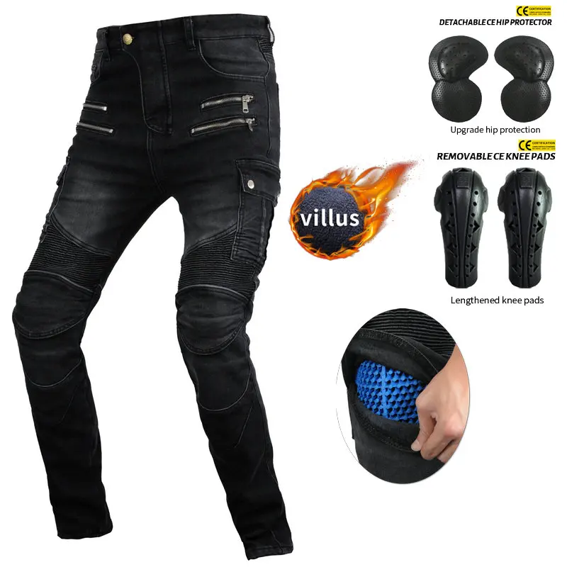 2021 Winter Fleece Warm Motorcycle Moto Pants Motocross Outdoor Riding Zipper Blue Jeans With Protective Equipment Knee Pads enlarge