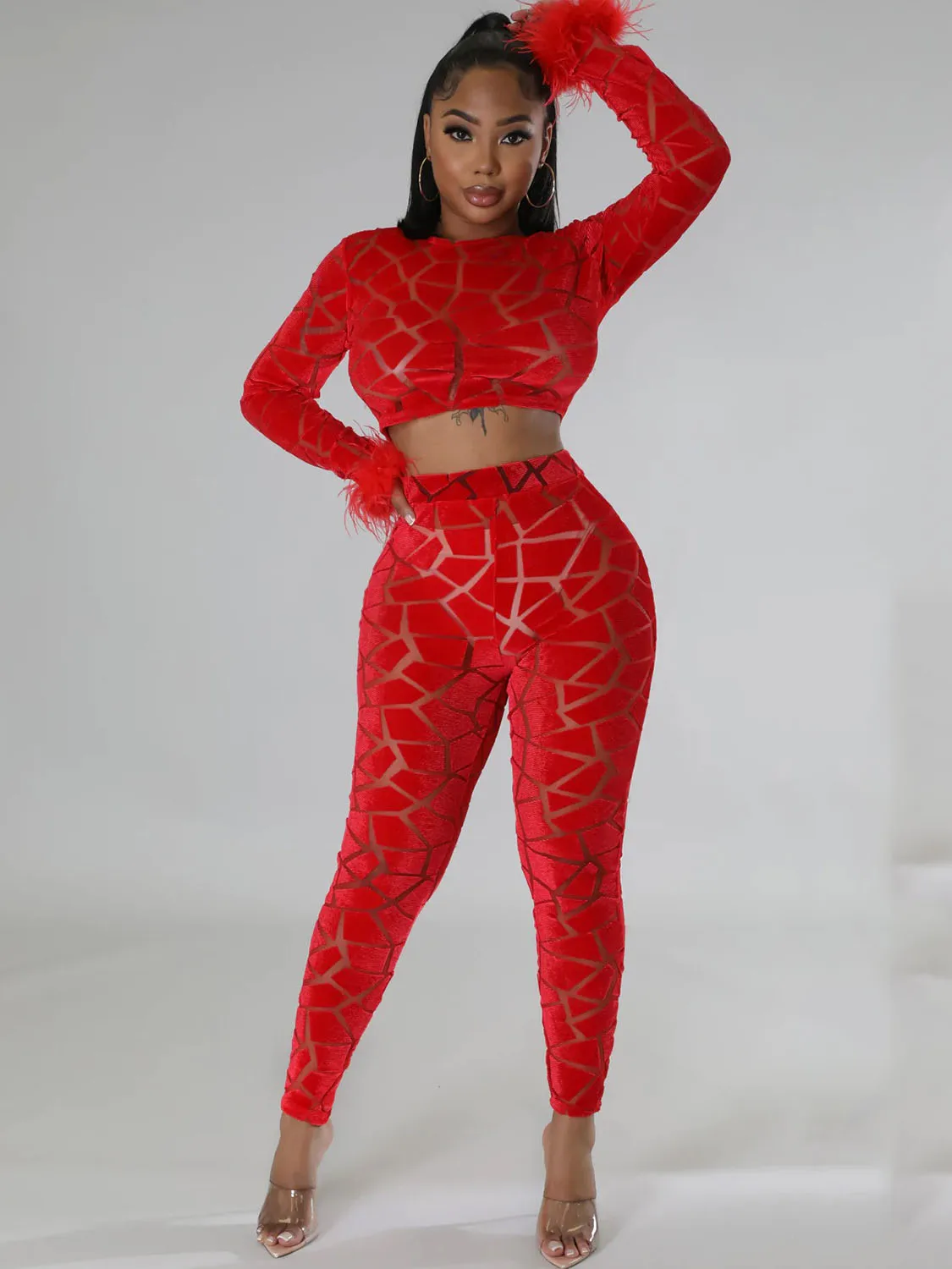 

Szkzk sexy two piece suit Women Crop top long sleeves O-neck and high waist Pencil pants splicing feathers nightclub party Sets