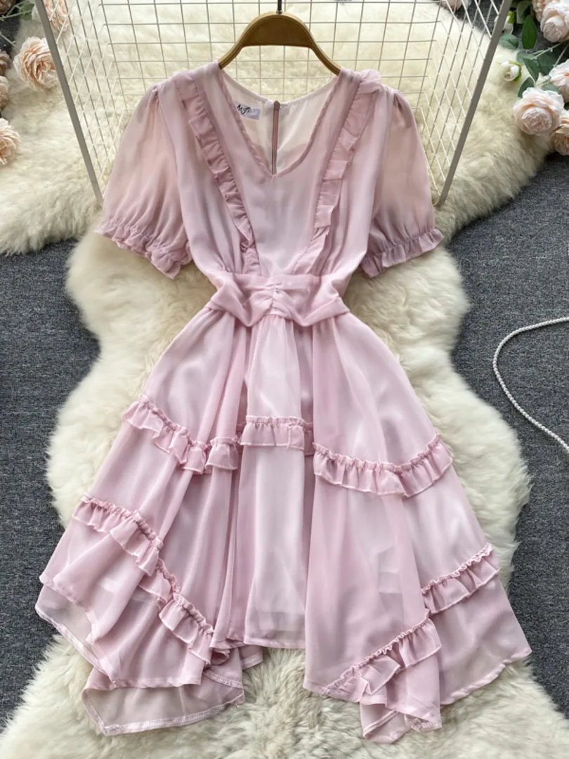 

Женское шифоновое платье-трапеция Foamlina, повседневное летнее платье с V-образным вырезом и коротким рукавом, облегающий сарафан с асимметрич...