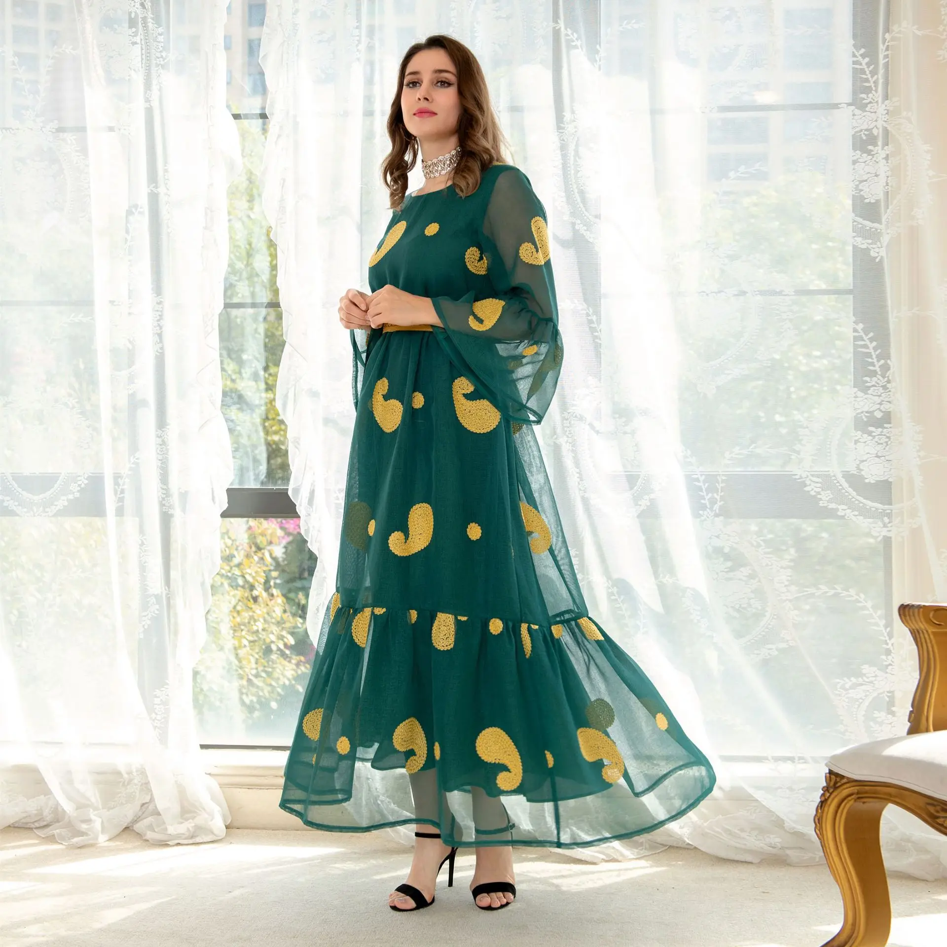 

Ramadan Eid Casual Syle Muslim Women's Abaya Mesh Green Flare Sleeve Dress Gold Lace With Belt Long Plus Size Skirt Robe Femme