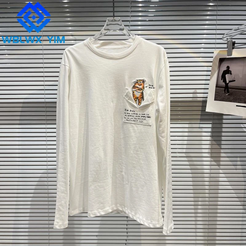 

Spring Cotton Tshirt Women Pocket Fashion Cartoon Tiger Print T-shirt Female O-Neck Patch Long Sleeve T shirts Loose Tees Tops