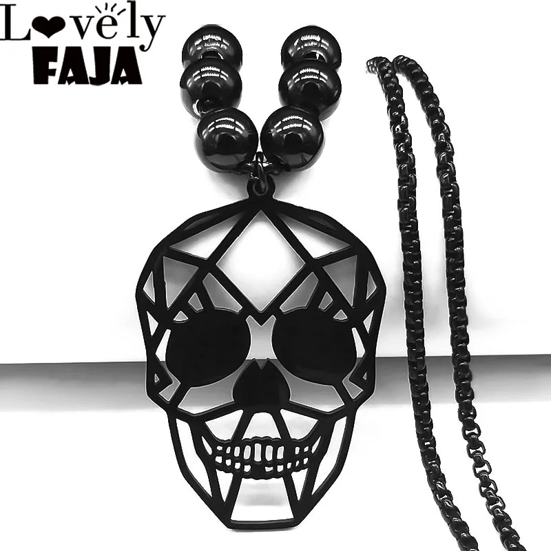 

2023 Fashion Gothic Skull Stainless Steel Necklace Women Long Black Color Bead Necklaces Pendants Jewerly gargantilla N3023S03