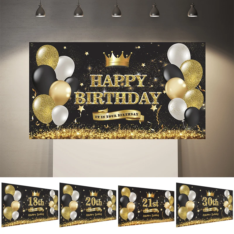 

Gold Black Color Background Birthday Flag Happy Birthday Backdrop 18th 30th Balloons Photo Booth Banner Anniversary Party Decor