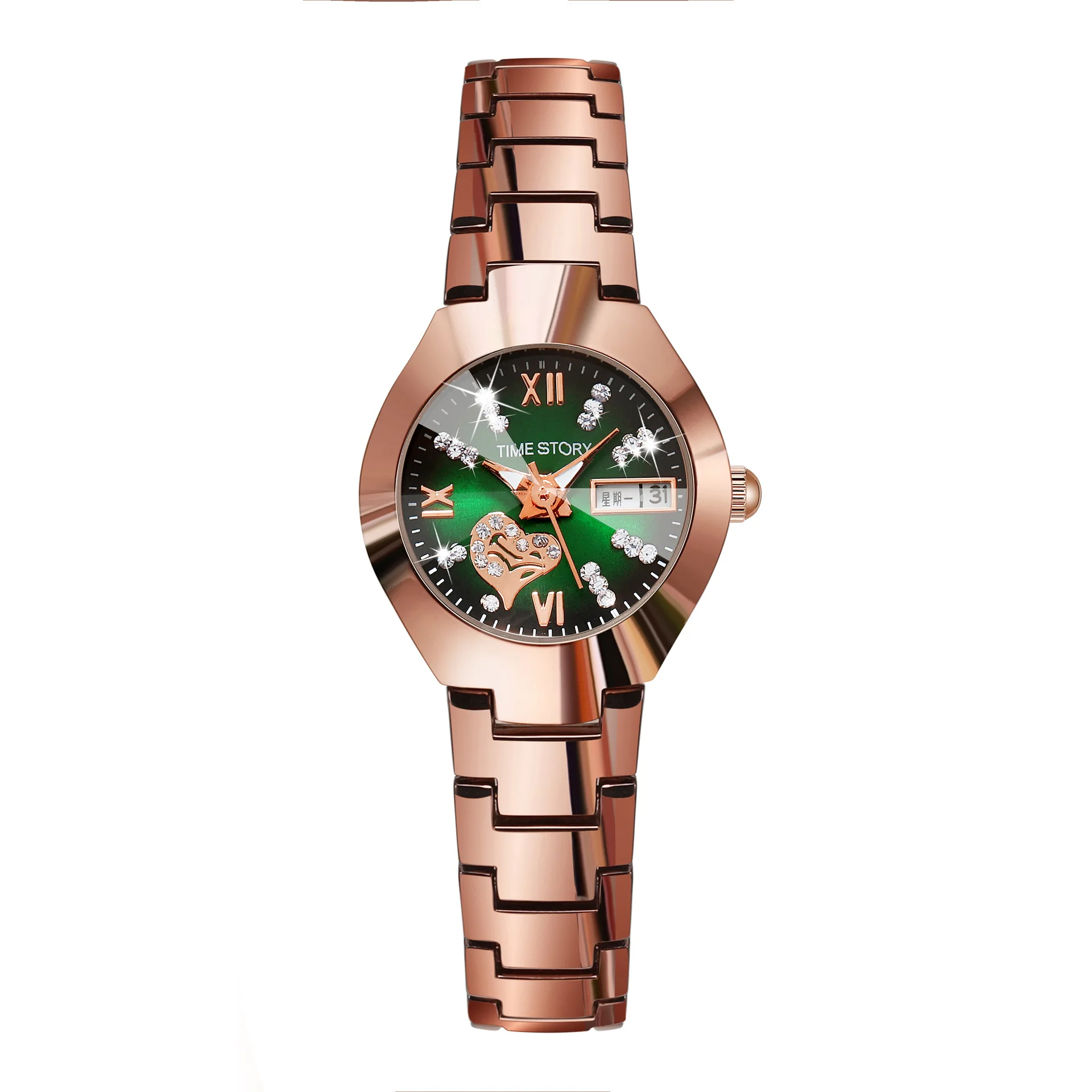 Fashion explosion women's hot selling heart drill face double calendar women's waterproof quartz watch
