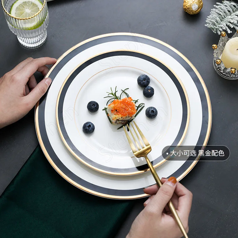 

Black Gold Rim Ceramic Plate European Modern Western Serving Tray Fruit Salad Dishes Steak Pasta Dinner Plates Home Tableware