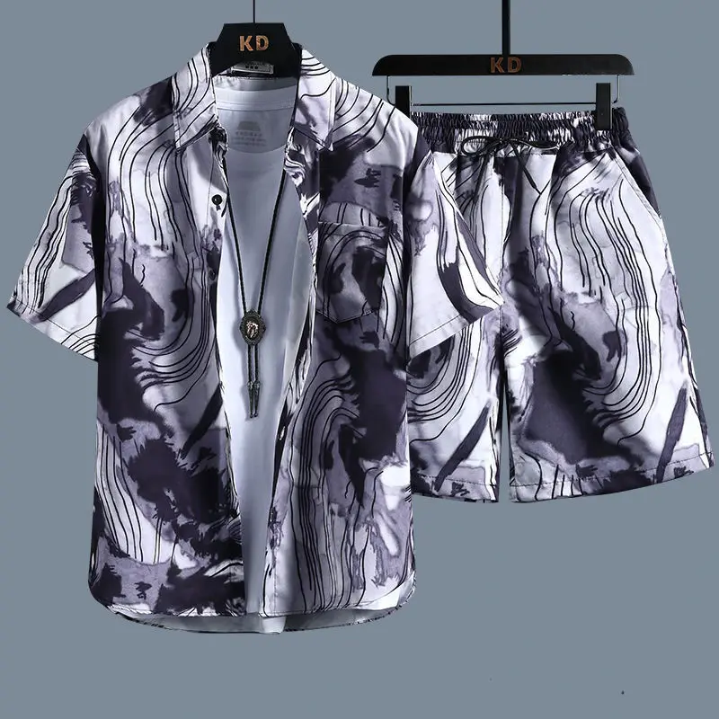 【 M-3XL 】 New Men's Printed Shirt Set, High-quality Fashionable Shorts, Hawaiian Style Casual Floral Top, Summer Beach Shirt Set