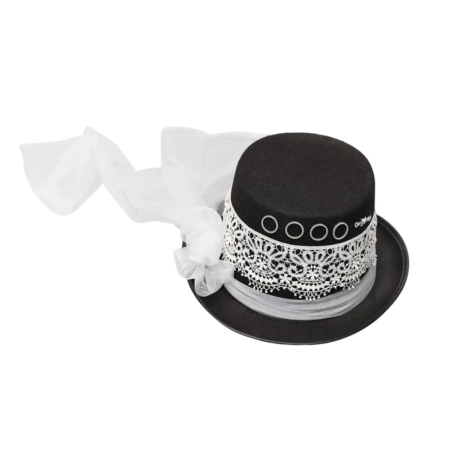 

Women Steampunk Top Hat White Lace Decor Veil Costume Hat, for Mardi Gras Carnival Jazz Hat Elegant Cosplay Halloween Gift Black