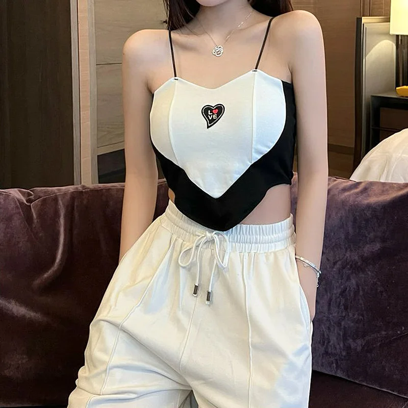 

Heart Crop Tops Women Sexy Splicing Panelled Camis With Bra Pad Embroidery Backless Irregular Tank Inner Sweet Slim Sleeveless